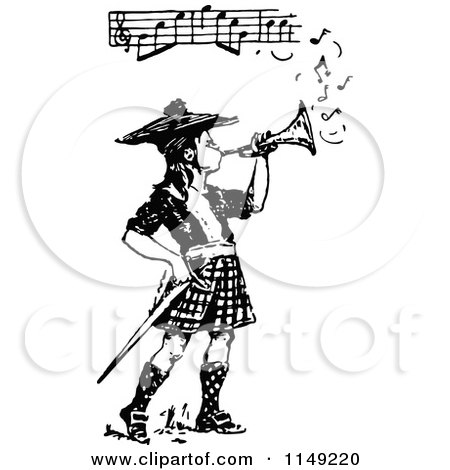 Clipart of a Retro Vintage Black and White Bugle Boy Playing Music - Royalty Free Vector Illustration by Prawny Vintage