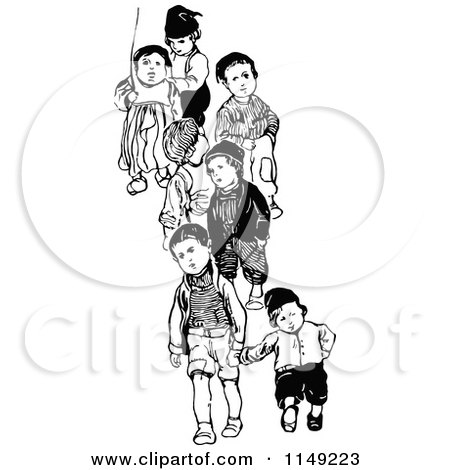 Clipart of a Retro Vintage Black and White Boys Walking - Royalty Free Vector Illustration by Prawny Vintage