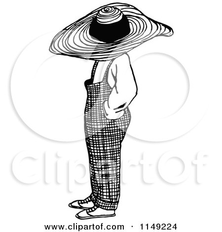 Clipart of a Retro Vintage Black and White Boy in a Big Hat - Royalty Free Vector Illustration by Prawny Vintage