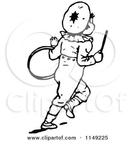 Clipart of a Retro Vintage Black and White Boy Running with a Hoop - Royalty Free Vector Illustration by Prawny Vintage