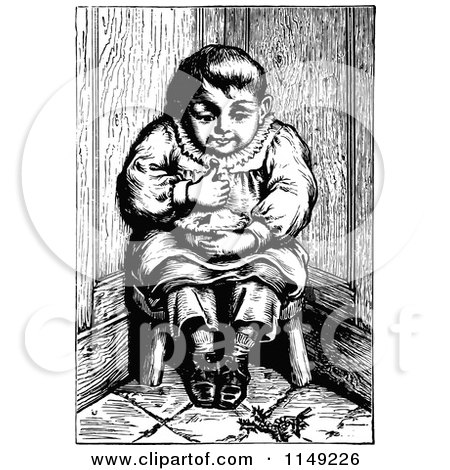 Clipart of a Retro Vintage Black and White Boy Eating Pie in a Corner - Royalty Free Vector Illustration by Prawny Vintage