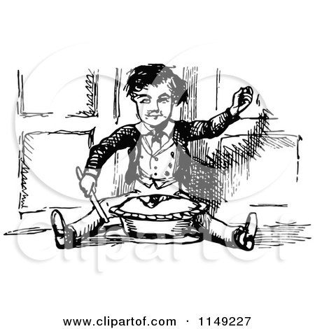 Clipart of a Retro Vintage Black and White Boy Sitting with a Pie - Royalty Free Vector Illustration by Prawny Vintage
