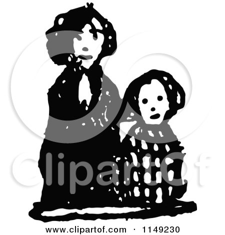 Clipart of Retro Vintage Black and White Poor Kids - Royalty Free Vector Illustration by Prawny Vintage