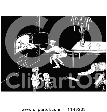 Clipart of Retro Vintage Black and White Children Watching a Baker Put Bread in an Oven - Royalty Free Vector Illustration by Prawny Vintage