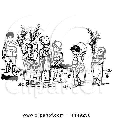 Clipart of Retro Vintage Black and White Kids in a Garden - Royalty Free Vector Illustration by Prawny Vintage