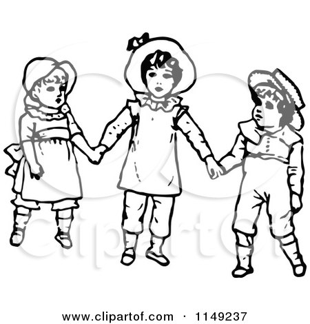 Clipart of Retro Vintage Black and White Kids Holding Hands - Royalty Free Vector Illustration by Prawny Vintage