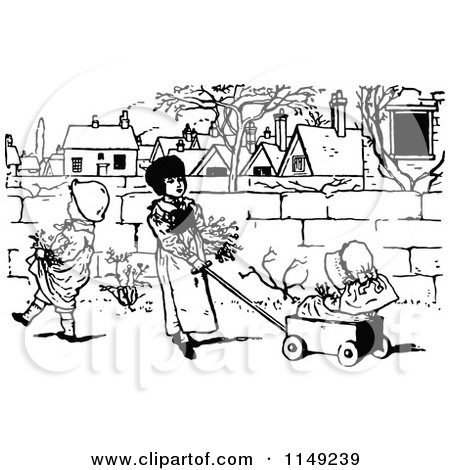 Clipart of Retro Vintage Black and White Children with a Wagon - Royalty Free Vector Illustration by Prawny Vintage
