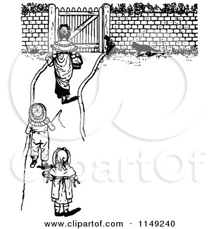 Clipart of Retro Vintage Black and White Children Walking on a Path to a Gate - Royalty Free Vector Illustration by Prawny Vintage