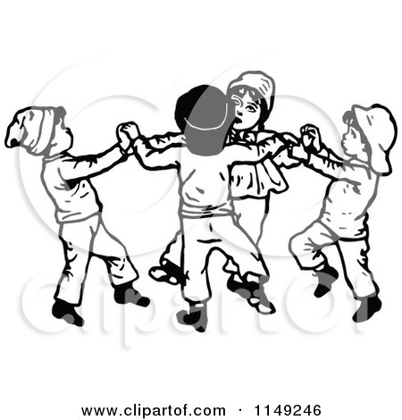 Clipart of a Retro Vintage Black and White Boys Dancing in a Circle - Royalty Free Vector Illustration by Prawny Vintage