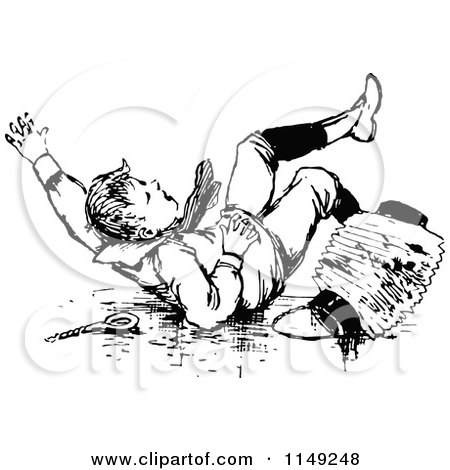 Clipart of a Retro Vintage Black and White Boy Falling 1 - Royalty Free Vector Illustration by Prawny Vintage
