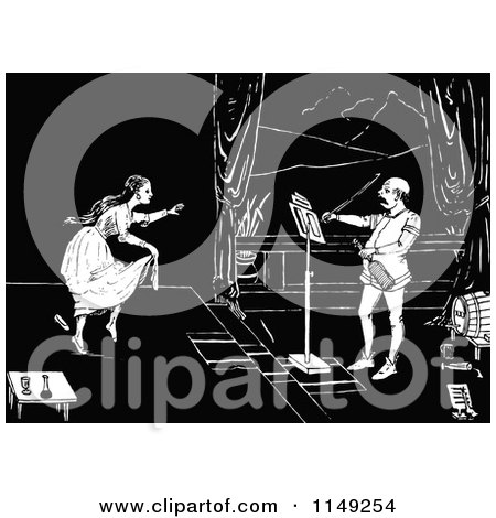 Clipart of a Retro Vintage Black and White Female Dancer and Violinist - Royalty Free Vector Illustration by Prawny Vintage