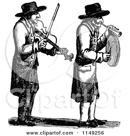 Clipart of Retro Vintage Black and White Men Playing a Violin and Horn - Royalty Free Vector Illustration by Prawny Vintage