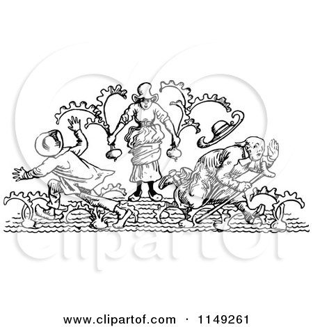 Clipart of Retro Vintage Black and White Tunip Farmers Harvesting - Royalty Free Vector Illustration by Prawny Vintage