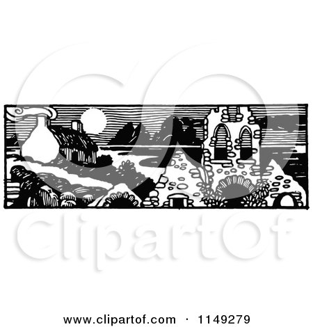 Clipart of a Retro Vintage Black and White House and Ruins Panorama - Royalty Free Vector Illustration by Prawny Vintage