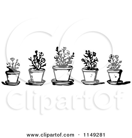 Clipart of a Retro Vintage Black and White Border of Potted Plants - Royalty Free Vector Illustration by Prawny Vintage