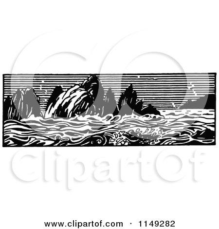 Clipart of a Retro Vintage Black and White Ocean Panorama - Royalty Free Vector Illustration by Prawny Vintage