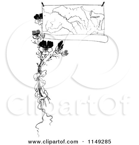 Clipart of a Retro Vintage Black and White Border of a Map and Flowers - Royalty Free Vector Illustration by Prawny Vintage