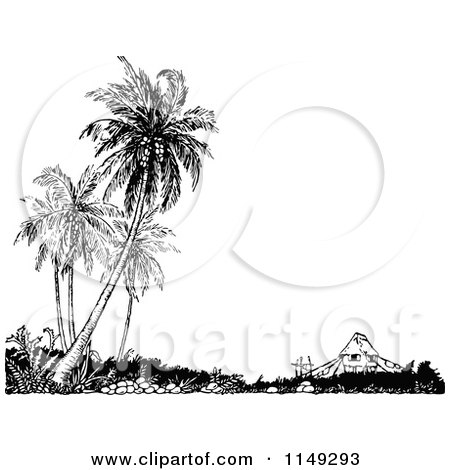 Clipart of a Retro Vintage Black and White House and Palm Trees - Royalty Free Vector Illustration by Prawny Vintage