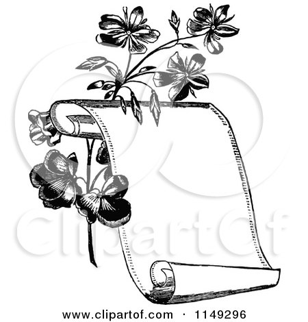 Clipart of a Retro Vintage Black and White Scroll and Flowers - Royalty Free Vector Illustration by Prawny Vintage