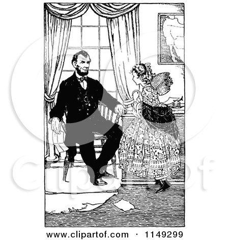 Clipart of Retro Vintage Black and White Abraham Lincoln and Girl - Royalty Free Vector Illustration by Prawny Vintage