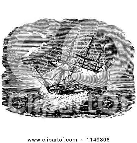 Clipart of a Retro Vintage Black and White Ship on a Stormy Sea - Royalty Free Vector Illustration by Prawny Vintage