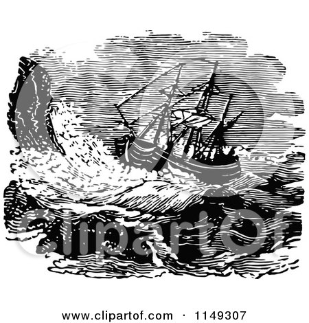 Clipart of a Retro Vintage Black and White Ship on a Stormy Sea - Royalty Free Vector Illustration by Prawny Vintage
