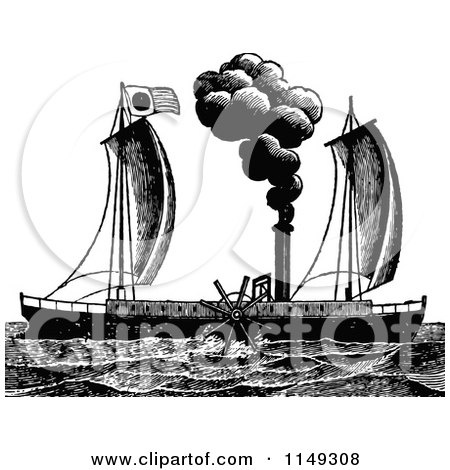 Clipart of a Retro Vintage Black and White Steam Ship - Royalty Free Vector Illustration by Prawny Vintage