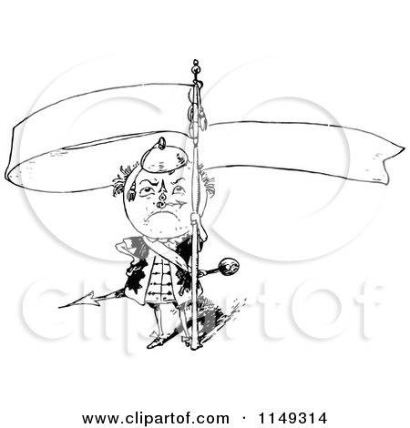 Clipart of a Retro Vintage Black and White Clock Man with a Banner - Royalty Free Vector Illustration by Prawny Vintage