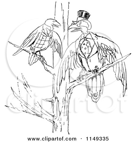 Clipart of a Retro Vintage Black and White Birds in a Tree - Royalty Free Vector Illustration by Prawny Vintage