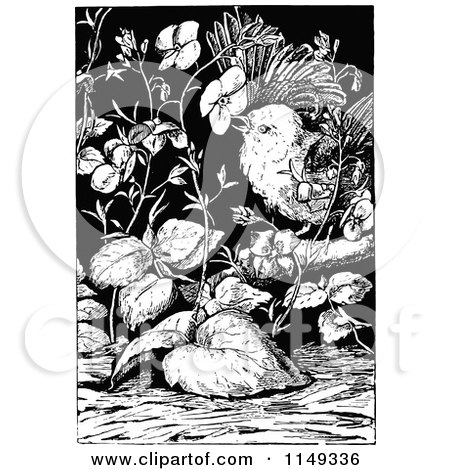 Clipart of a Retro Vintage Black and White Bird in Flowers - Royalty Free Vector Illustration by Prawny Vintage