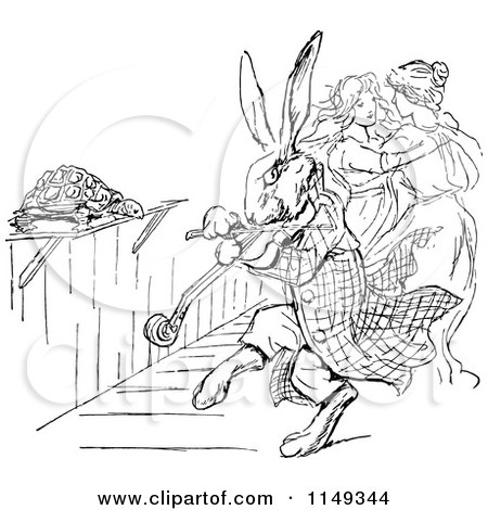 Clipart of a Retro Vintage Black and White Rabbit Playing a Fiddle - Royalty Free Vector Illustration by Prawny Vintage