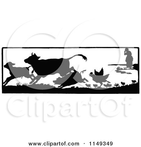 Clipart of a Retro Vintage Black and White Lady and Running Farm Animals - Royalty Free Vector Illustration by Prawny Vintage