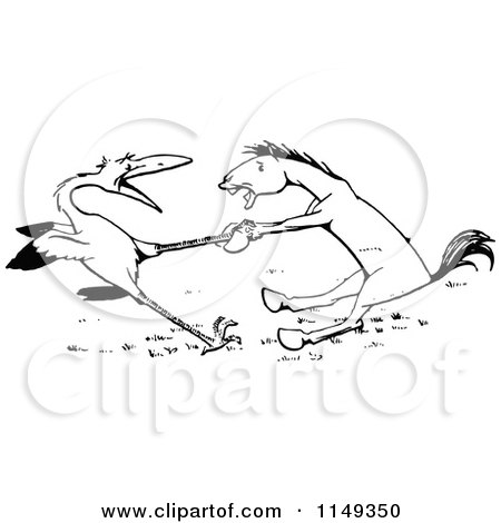 Clipart of a Retro Vintage Black and White Donkey and Stork Fighting - Royalty Free Vector Illustration by Prawny Vintage