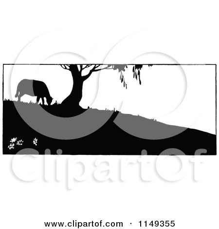Clipart of a Retro Vintage Black and White Silhouetted Sheep Grazing by a Tree - Royalty Free Vector Illustration by Prawny Vintage