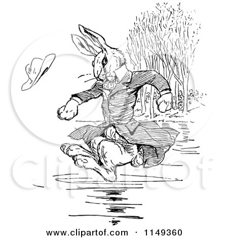 Clipart of a Retro Vintage Black and White Clothed Rabbit Jumping into Water - Royalty Free Vector Illustration by Prawny Vintage