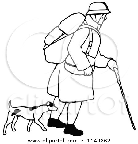 Clipart of a Retro Vintage Black and White Man Trekking with a Dog - Royalty Free Vector Illustration by Prawny Vintage