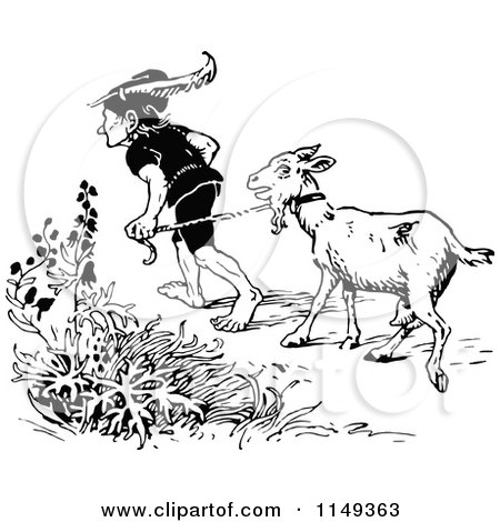 Clipart of a Retro Vintage Black and White Man Leading a Goat - Royalty Free Vector Illustration by Prawny Vintage