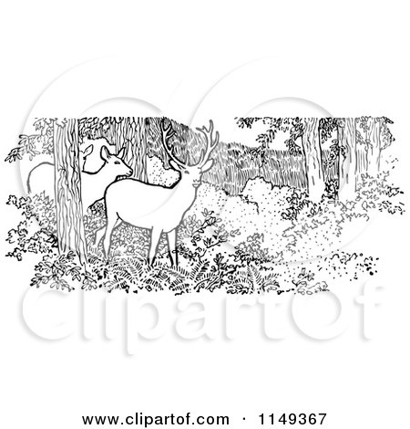 Clipart of Retro Vintage Black and White Deer in the Woods - Royalty Free Vector Illustration by Prawny Vintage