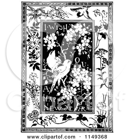 Clipart of Retro Vintage Black and White I Wish You a Happy New Year Text and Birds - Royalty Free Vector Illustration by Prawny Vintage