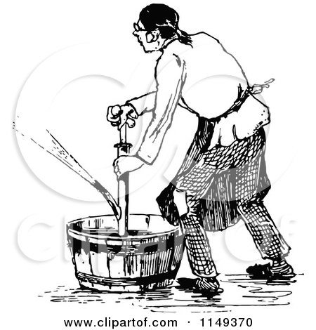 Clipart of a Retro Vintage Black and White Man Using a Pump in a Bucket - Royalty Free Vector Illustration by Prawny Vintage