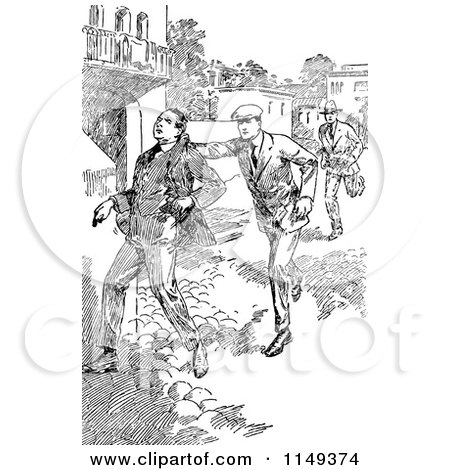 Clipart of a Retro Vintage Black and White Man Being Apprehended - Royalty Free Vector Illustration by Prawny Vintage