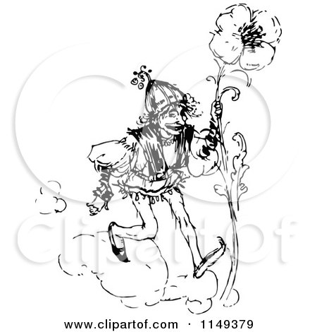 Clipart of a Retro Vintage Black and White Man Carrying a Giant Flower - Royalty Free Vector Illustration by Prawny Vintage