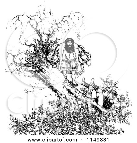 Clipart of a Retro Vintage Black and White Man Watching Another in a Falling Tree - Royalty Free Vector Illustration by Prawny Vintage