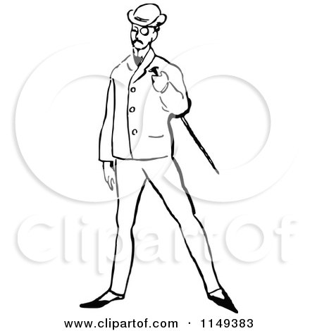 Clipart of a Retro Vintage Black and White Posh Man with a Cane - Royalty Free Vector Illustration by Prawny Vintage