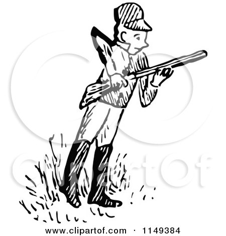 Clipart of a Retro Vintage Black and White Hunter Holding a Rifle - Royalty Free Vector Illustration by Prawny Vintage