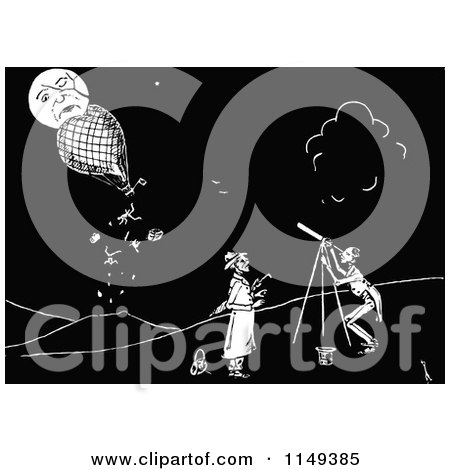Clipart of a Retro Vintage Black and White Man Viewing a Hot Air Balloon Crashing into the Moon - Royalty Free Vector Illustration by Prawny Vintage