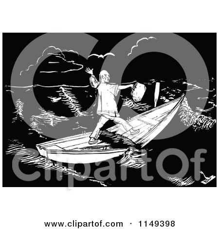 Clipart of a Retro Vintage Black and White Man in a Split Boat - Royalty Free Vector Illustration by Prawny Vintage