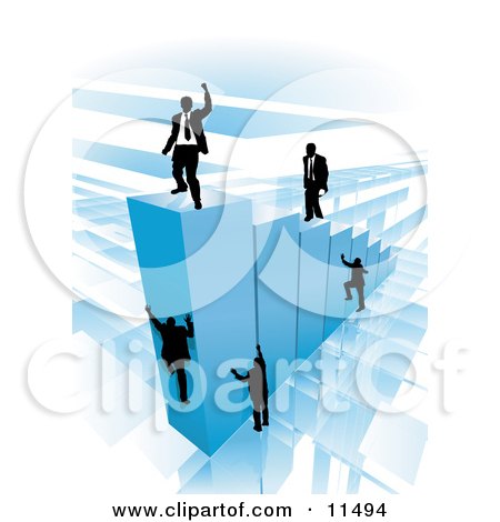 Businessmen Climbing Blue Bars to Reach the Top Where a Proud Business Man Stands Clipart Illustration by AtStockIllustration