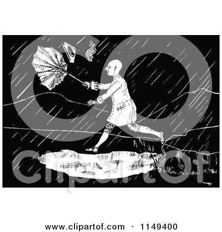 Clipart of a Retro Vintage Black and White Man in a Rain Storm - Royalty Free Vector Illustration by Prawny Vintage