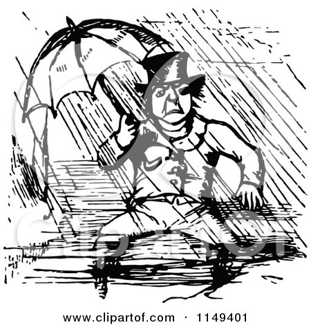Clipart of a Retro Vintage Black and White Man Sitting in the Rain Under an Umbrella - Royalty Free Vector Illustration by Prawny Vintage